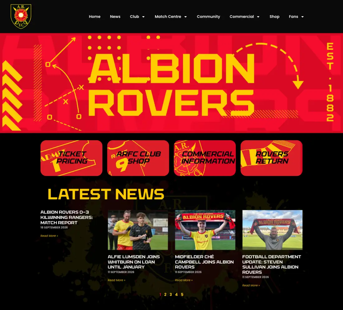 The Albion Rovers FC club website, scrolling