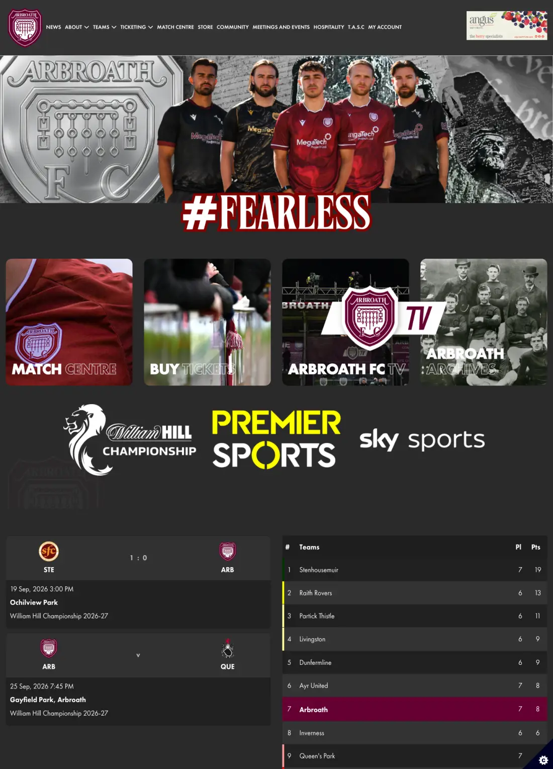The Arbroath FC club website, scrolling