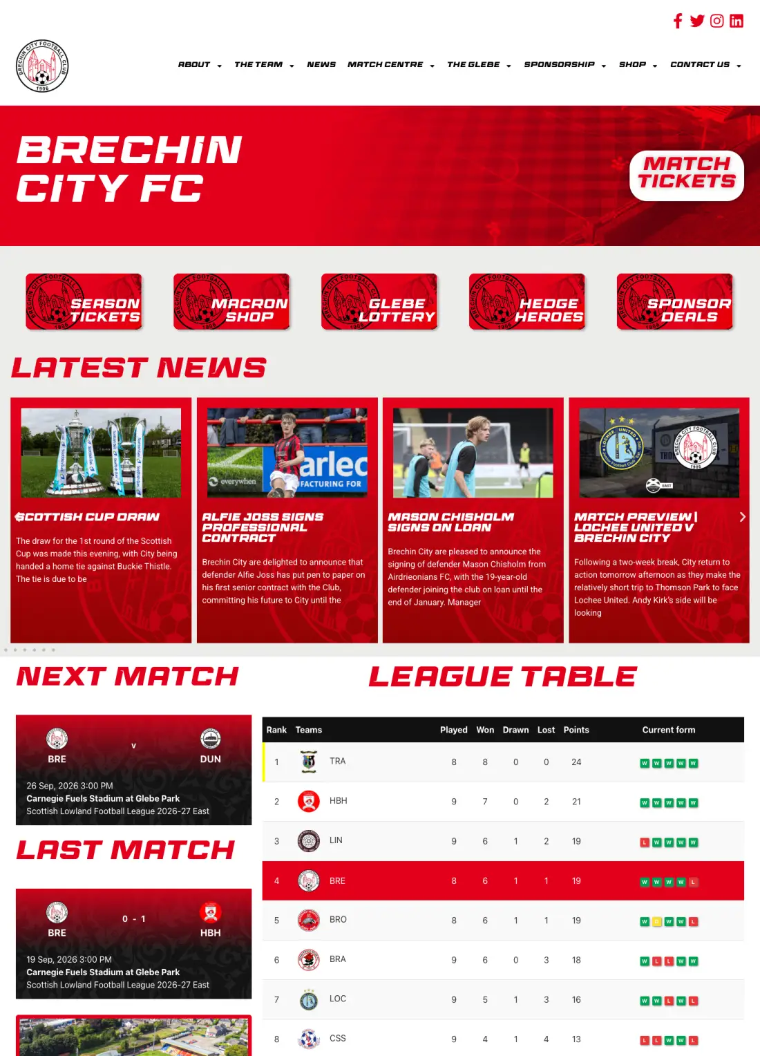 The Brechin City FC club website, scrolling