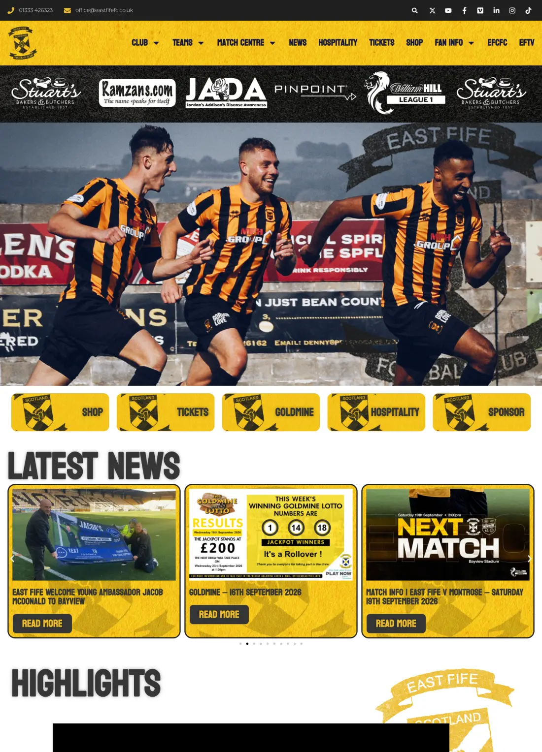The East Fife FC club website, scrolling