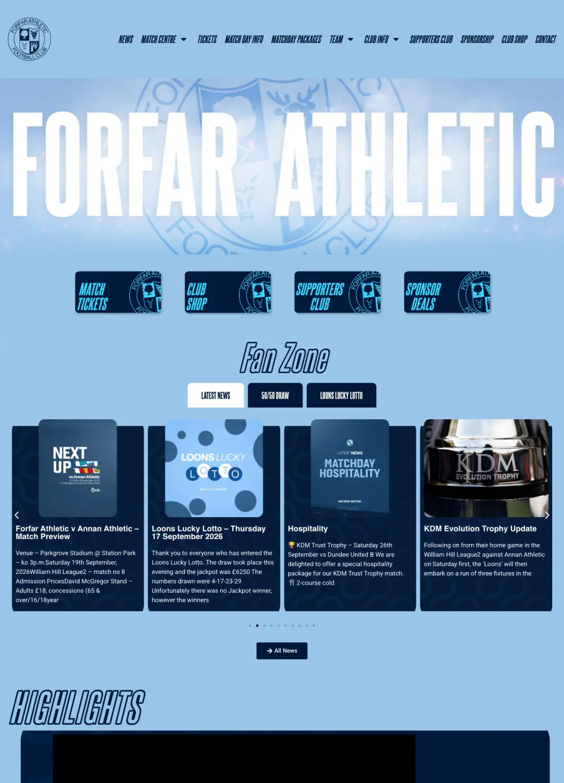 The Forfar Athletic FC club website, scrolling