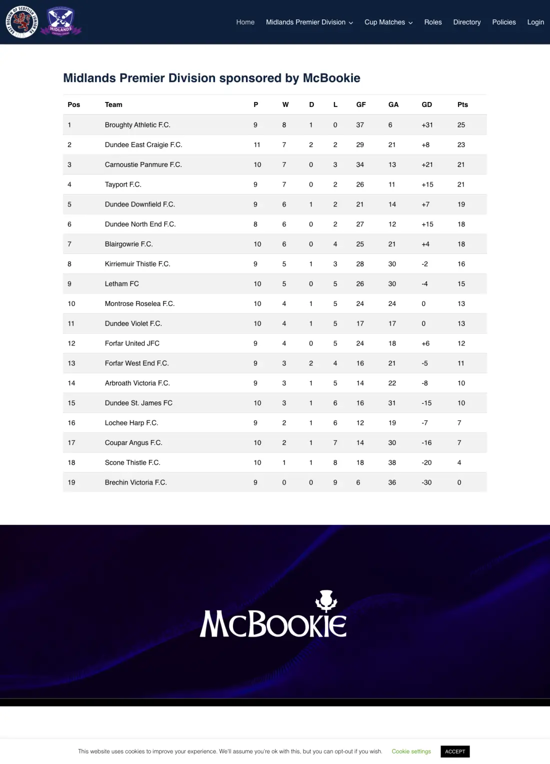 The Midlands League league website, scrolling